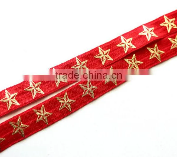 5/8" Fold Over Elastic Red With Gold Stars - Pattern, Metallic, Printed Elastic Band photo-2