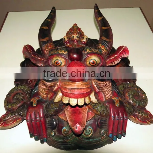 Hand Crafted Wooden Mask of Hindu Buddha Monster Garuda Red Blue Wall Hanging Made in Nepal photo-5