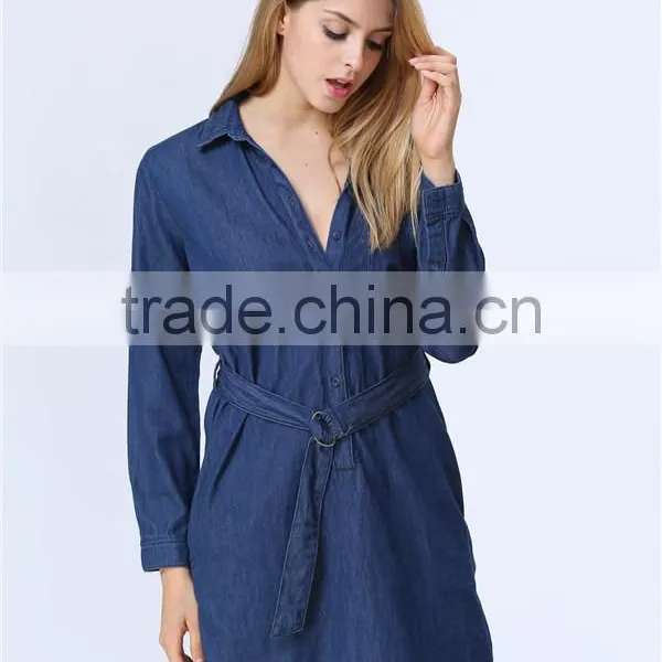 Fashionable Hot Sale Factory Price Long Sleeve With Waist Belt Women Denim Dress photo-3