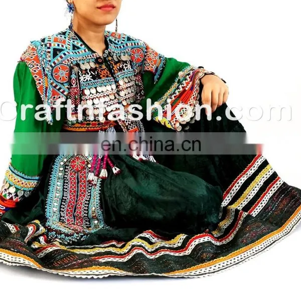 Vintage Handmade Balochi Dress With Tassels- Balochi Tribal Ethnic Coins Dress Handmade Kuchi Dress Ghagra Choli photo-3