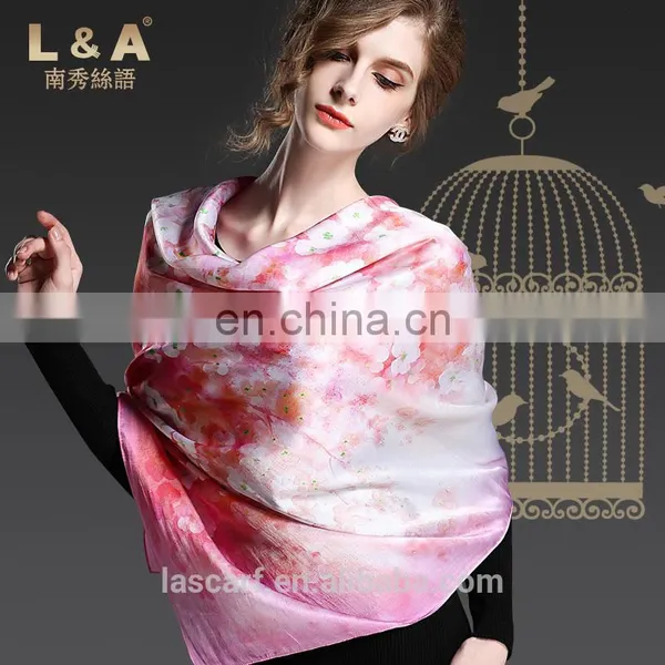Pink Silk Square Scarf for Women With Flowers photo-2