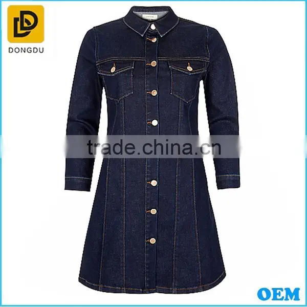 OEM Western Style Lady Long Sleeve Dark Blue Denim Button Up Thick Shift Cotton Winter Dress photo-4