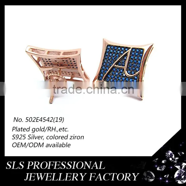 2015 American Style Funky Colorful Zircon Micro Pave 925 Silver Rose Gold Plated LETTER A Screw Back Stud Earrings photo-4