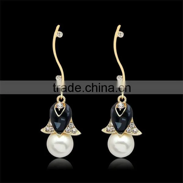 Bridal Wedding Golden Crystal Pearl Flower Drop Dangle Earrings photo-4