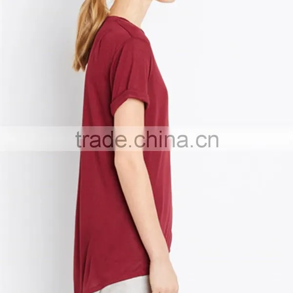 Ladies Classics Dark Red Round Neck Lightweight Rayon Tee With Curve High-low Hem Women Tops photo-3