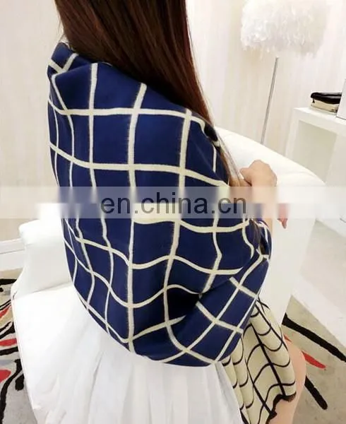 Double Sides Grid Ivory Blue Faux Wool Women Fashion Tartan photo-5