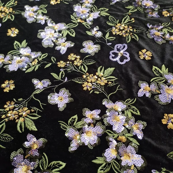 XF6069 Chinese Style Green Plants Embroidered Velvet Fabric Sequined photo-3