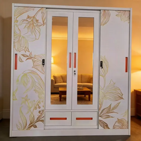 Pattern‑Printed Knock‑down Steel Wardrobe 3‑Door 4‑Door Built‑in Mirror & Drawers Home Clothes Storage Cabinet For Export Business