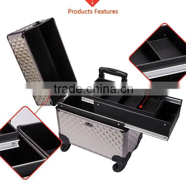 2016 Professional Portable Aluminum Trolley Makeup Case With Pull Strips Compartments Universal Wheel photo-4