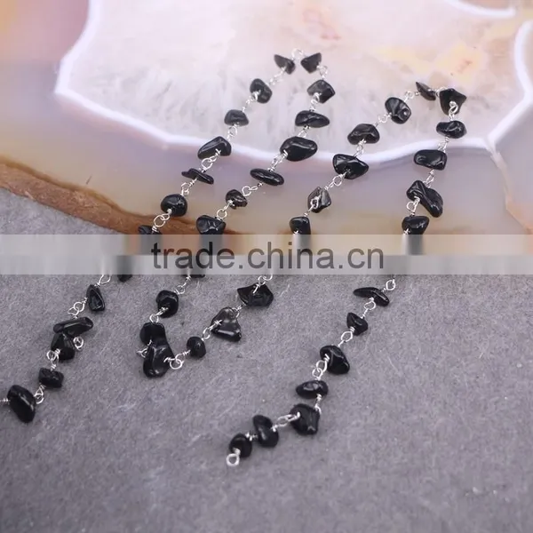 Rosary Chain Black Agate Chips Bead Free Form Chains Silver Plated Chain photo-4