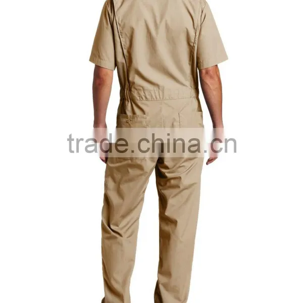 China Supplier 60% Cotton 40% Polyester Poplin Fire Retardant Large Back Pockets Men's Short Sleeve Khaki Coverall