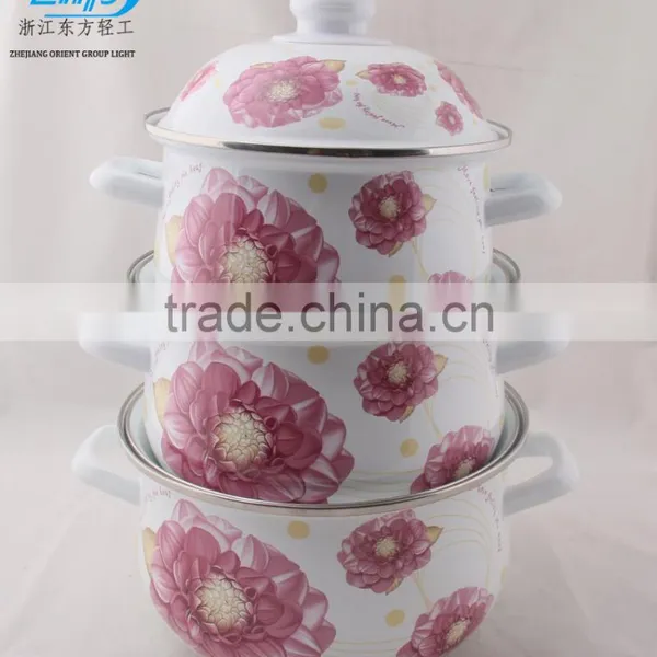 18-22CM 3 Pcs Enamel Casserole With Metal Cover Beautiful Decal photo-6