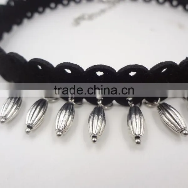 Fashion Silver Charms Pendant Black Chamois Leather Choker for Womens Jewelry photo-2