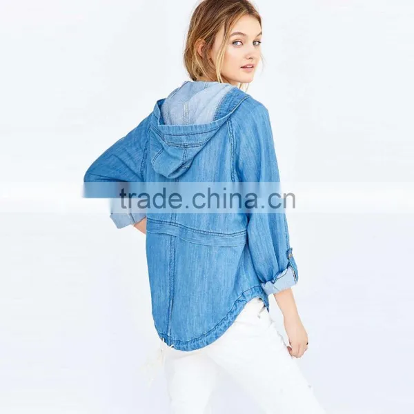 Zip up Women Denim Jacket Oversized With Hoodies and Curved Hem photo-2