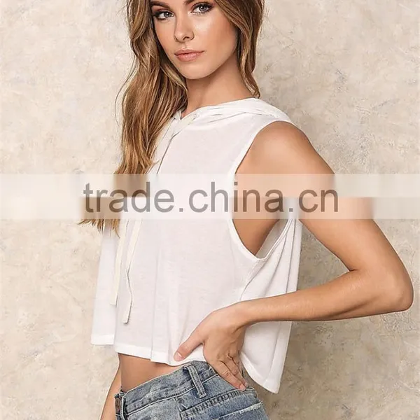 MGOO 2017 New Arrival Off White Jersey Crop Hoodies Custom 100% Cotton Plain Basic Sleeveless Running Tops photo-5