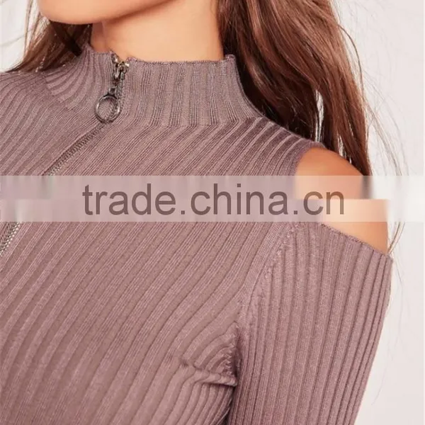 High Waist Short Style Women Knitted Crop Zip Through Cold Shoulder Crop Jumper Purple photo-4