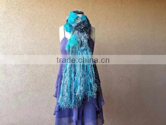 Teal Shawl Aqua Scarf Ocean Seafoam Turquoise Grey Black White Charcoal Hand Knit Striped Fringe Shawl Wrap Cape photo-5