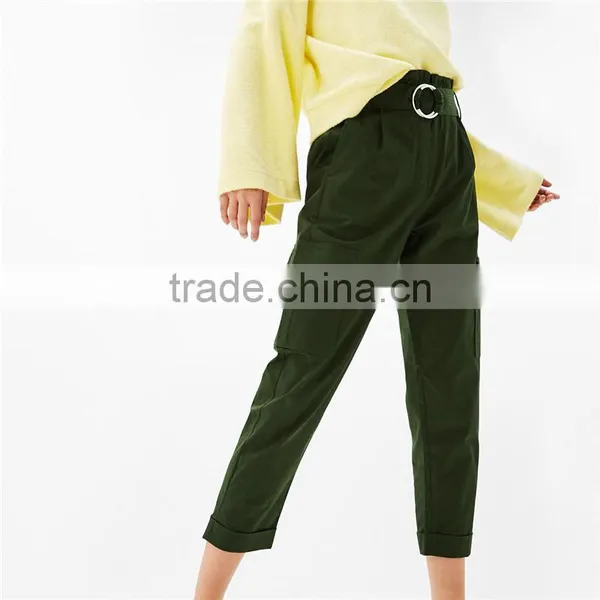 Green Twill Cargo Pants Womens Cropped Trousers With Belt and Buckle photo-2
