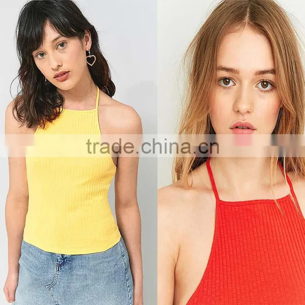 2017 Women's Best Black Ribbed Sleeveless Halter T-back High Neck Cami Tops photo-6