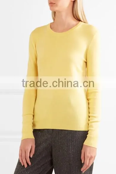 Hot Sale Crew Neck Bright Yellow Silk Blended Cashmere Sweater Women photo-2