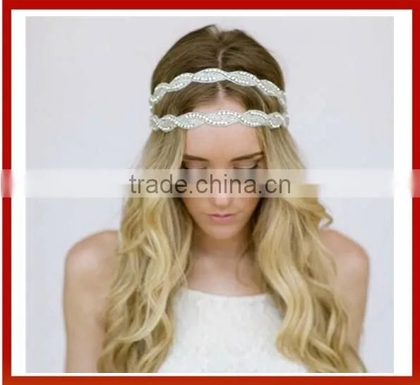 Bride Gold Crystal Beads Hair Band Elastic Headband Headmade Crystal Glass Beads Hair Band Girl Bridal Pearls Beads photo-2