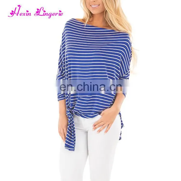 Private Label Blue Striped Long Sleeves Tops Tshirt Women Casual Blouse Designs photo-3