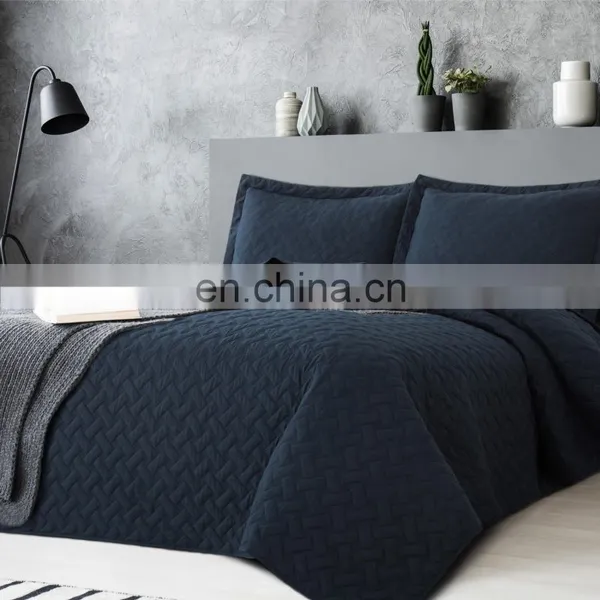 Oversized King Nevy Blue Twin Plain Dyed Quilt Bedspread Set For Summer photo-7