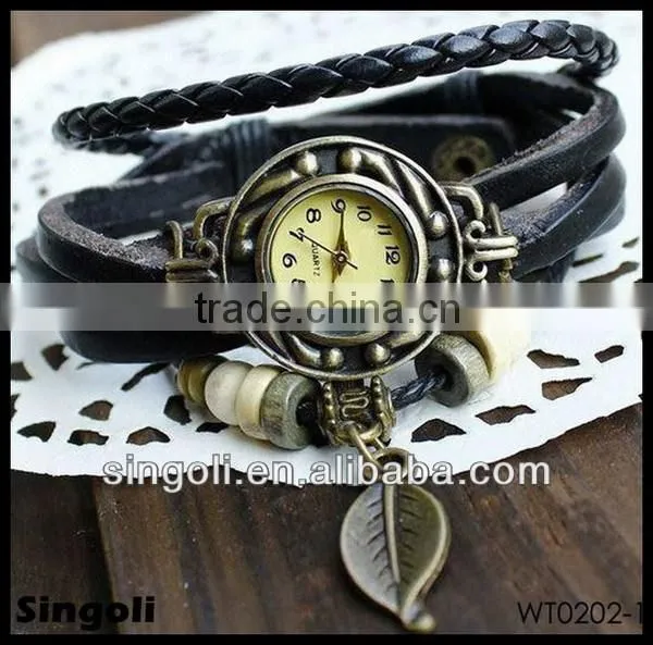 2014New Design Genuine Leather Band Watch, Leaf Pendant Vingtage Watch