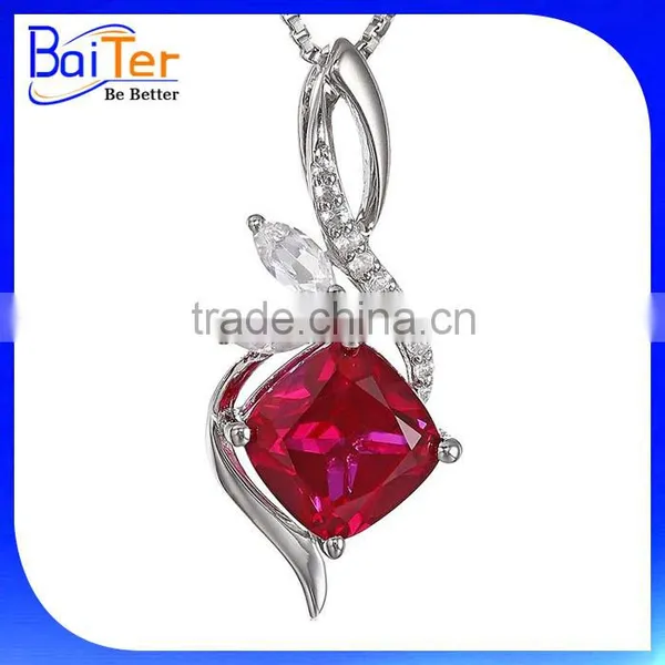 Fashion White Gold Plated 3 Three Stones Cubic Zircon CZ Genuine 925 Sterling Silver Lab Created Ruby Pendant photo-2