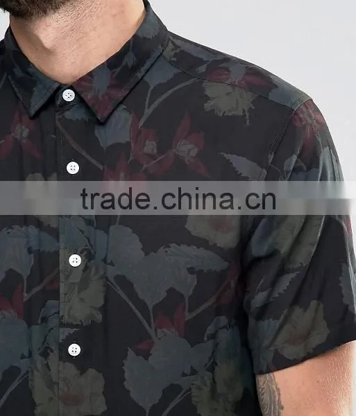 Guangzhou High Quality Custom Short Sleeve Point Collar Mens 100% Cotton Dobby Casual Printed Pattern Shirts photo-3
