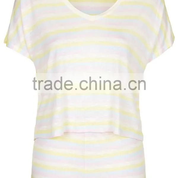 Beige Striped Tee and Shorts Set Women Pajamas photo-5
