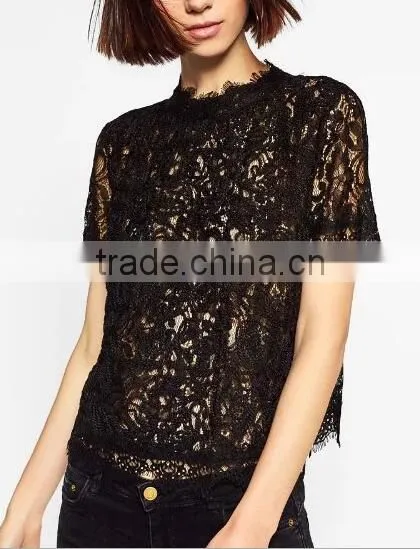 Runwaylover EY2368B Hot Sale 2017 Ladies Hollow Out Shrt Sleeve Lace T-Shirts photo-4