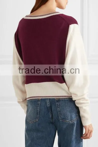 V-Neck Burgandy and Ivory Color Combination Women's Cashmere Sweater in Raglan Sleeves Design photo-3