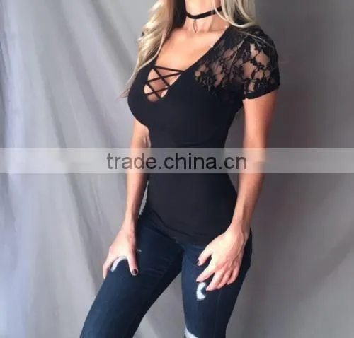 The New Black V-neck Cross Strap Hollow Out Sexy Ladies T-shirt Coat of Cultivate One's Morality With Short Sleeves photo-4