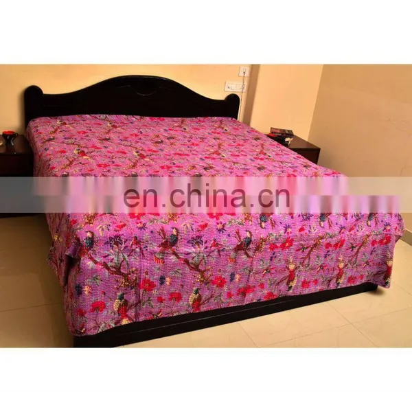 Indian Handmade Bird of Paradise Kantha Quilt Queen Size Reversible Throw Ralli photo-3