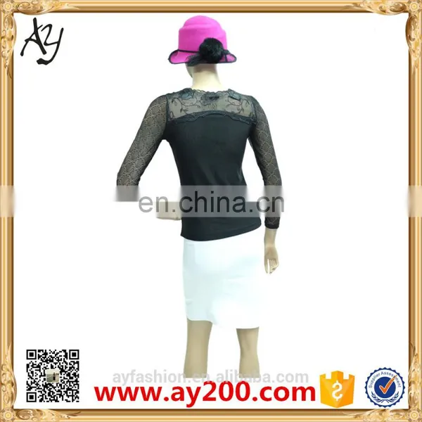 In Stock Embroidered Round Neck Lace Shirt Long Sleeve T Shirt photo-3