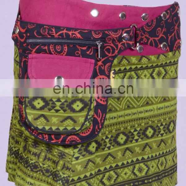 Fall Leaf Brown Trivial Print Cotton Fabric Gypsy Wrap Around Skirt With Bag Belt HHCS 140 C photo-2
