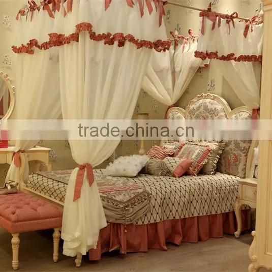 European Style Antique Ivory Color and Pink Hand Drawing Children Wooden Carved Girl Princess Bed With Canopy - BF07-70357 photo-2