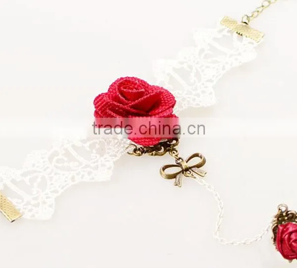 National Bowknot Ring Jewelry Set Handmade White Lace Girls Rose Bracelet Sets photo-3