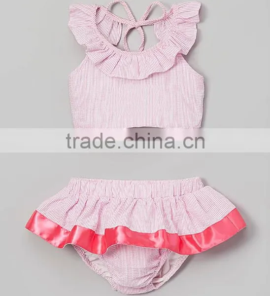 Wholesale Grils Monogrammed Seersucker Swimsuit Embroidered Baby Swimwear photo-4