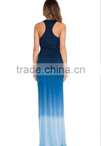 Trade Assurance Yihao Ladies New Sexy Sleeveless Casual Blue Party Dresses Side Pleated Design Maxi Dress 2015 photo-2