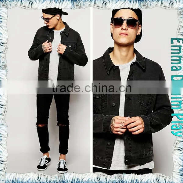 2016 Hot Style 100% Cotton Stone Wash Vintage Black Denim Mens Chic Jackets photo-4