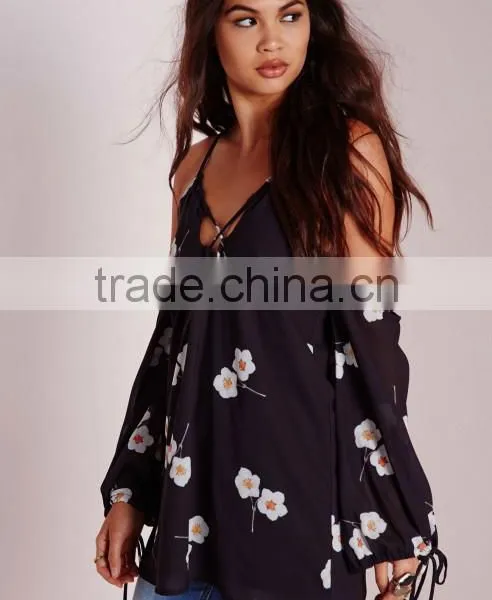 New Summer Collection Wholesale Floral Printing High Quality Chiffon Style Blouse photo-4