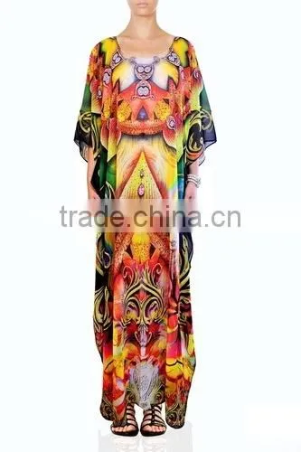 Latest New Digital Print Long Kaftans Colourful Long Digitally Printed Evening Beach Kaftan for Woman Visocse Chiffon Long Dress photo-3