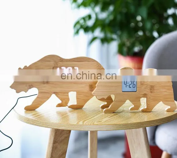 Creative Design Animal Bear Shaped Bedroom Desktop LCD Bamboo Digital Alarm Clock photo-3