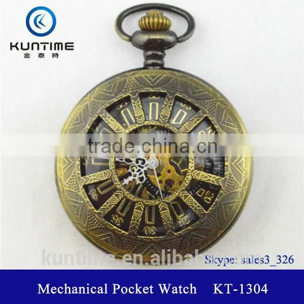 Cute carving watch face retro style bronze watch case mechanical antique pocket watch brands