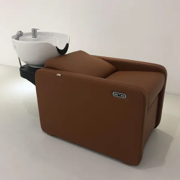 Modern Style Hair Salon Brown Leather Shampoo Chair With White Washing Sink & Adjustable Footrest for Styling Salon photo-2