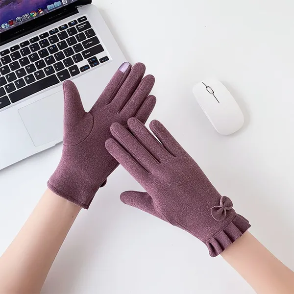 Ladies Winter Touch Screen Gloves Bow Decoration Ruffle Cuff Soft Thermal Driving Daily Hand in Stock Gloves photo-2