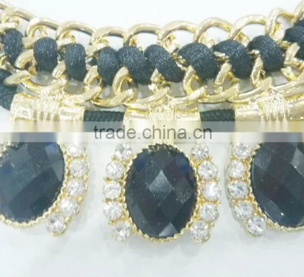 FASHION BRAIDED METAL CHAIN/STONES STATEMENT NECKLACE EARRING SET photo-3