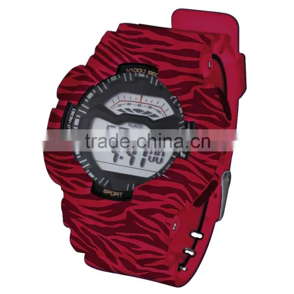 LP1331_Red PU Strap Graphic Pattarn Print Multifunction Digital LCD Display Set Digital Wrist Stock Watch photo-3